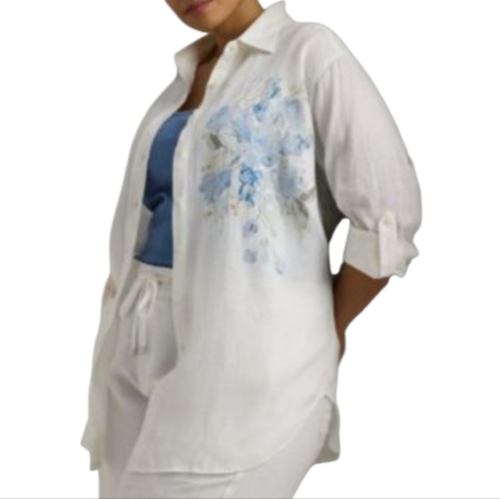 EMILY DANIELS White Blue Embroidered Floral Shirt Top‎ Plus Size 2X New